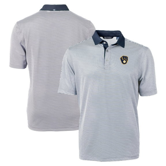 Men's Cutter & Buck Navy/White Milwaukee Brewers Virtue Eco Pique Micro Stripe Recycled Big & Tall Polo