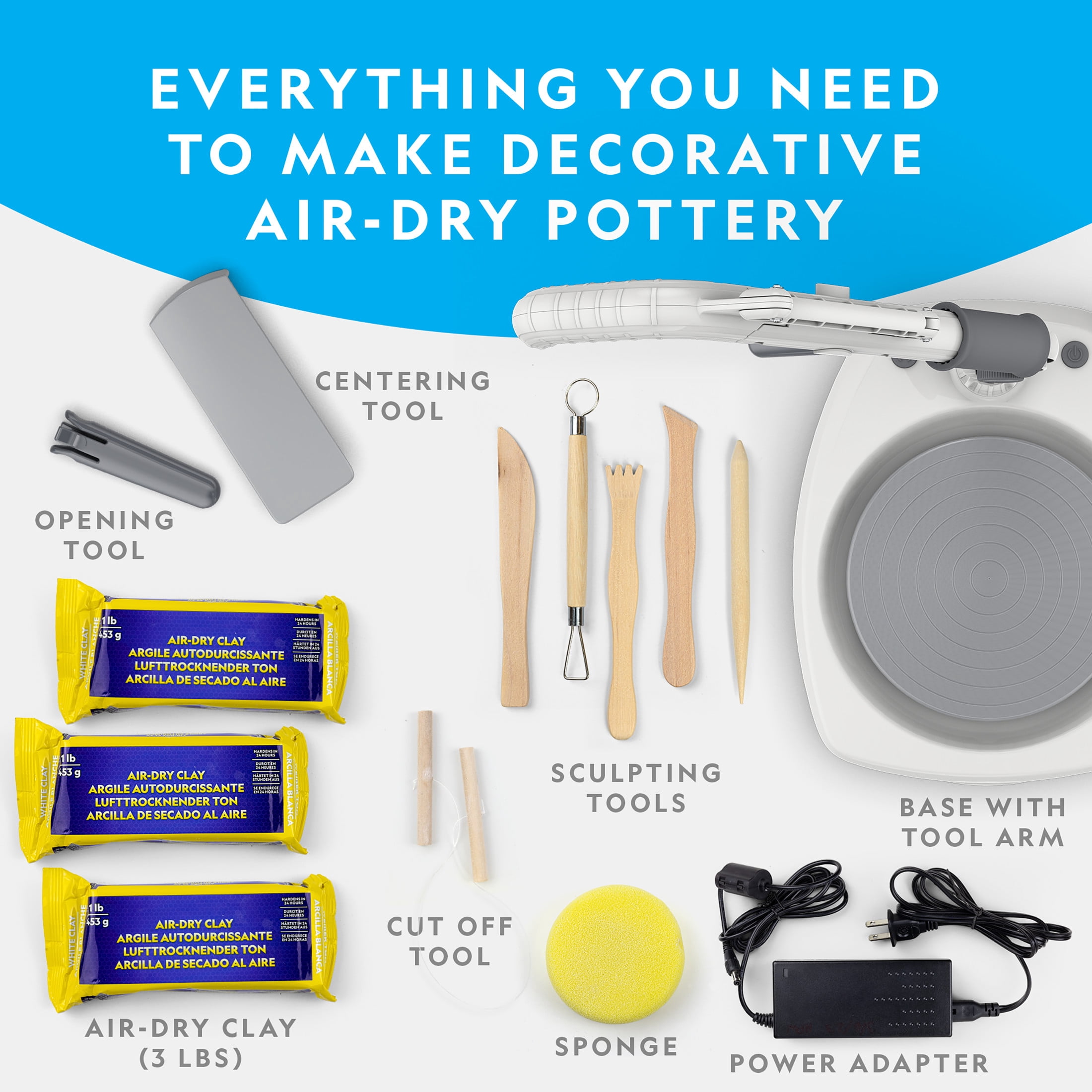 NATIONAL GEOGRAPHIC Hobby Pottery Wheel Kit - 8" Variable Speed Pottery Wheel for Adults & Teens Age 14+ with Innovative Arm Tool, 3 lbs. Air Dry Clay & Art Supplies