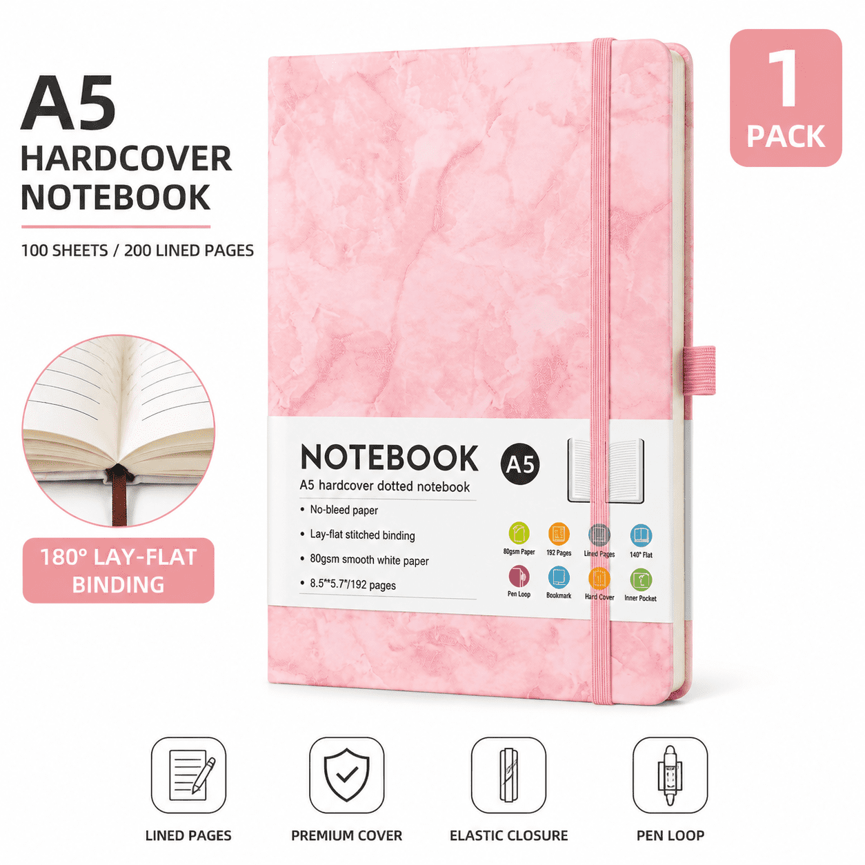A5 Marble Hardcover Journal Notebook with Elastic Band & Pen Loop Lined Diary for Business Office School Writing