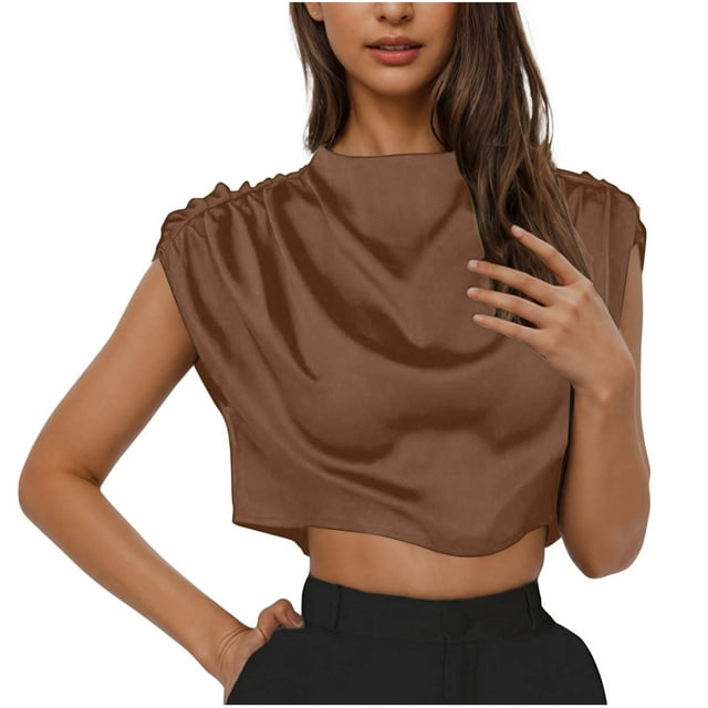 Timegard Tops for Women Trendy Satin Ruched Short Sleeve Back Button Cropped Top Slim Comfy Casual