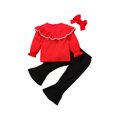 thumbnail image 2 of FOCUSNORM Kids Girls Solid Color Clothes Set, O-neck Tops+Flared Trousers+Headband, 2 of 9