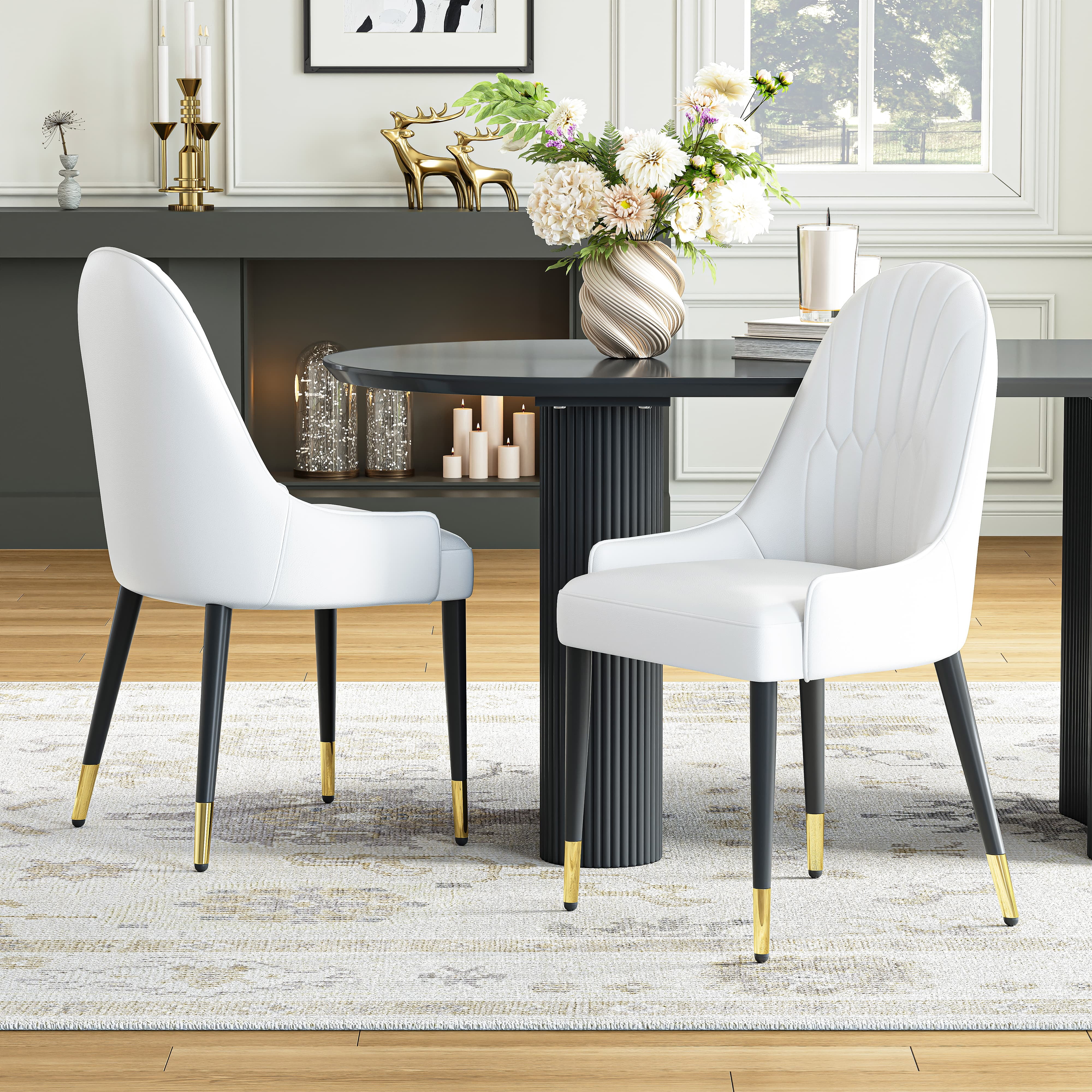 2-Piece Dining Chairs Set, White PU Faux Leather Upholstery with Metal Frame, Modern Design for Kitchen, Living Room, Office