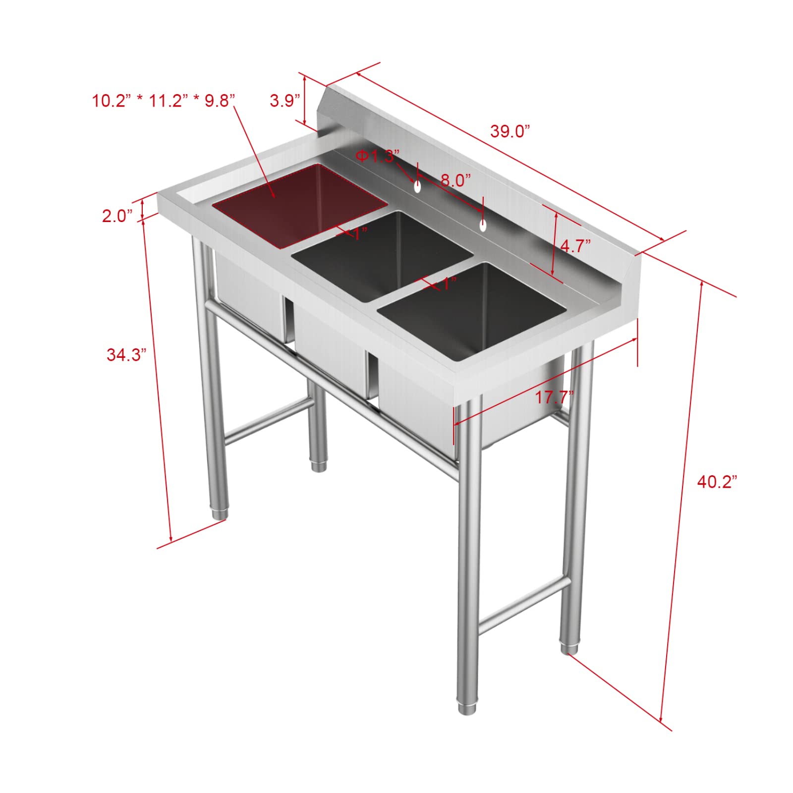 Ktaxon Freestanding 39" 3 Compartment Commercial Stainless Steel Sink, Silver, for Laundry Room, Kitchen