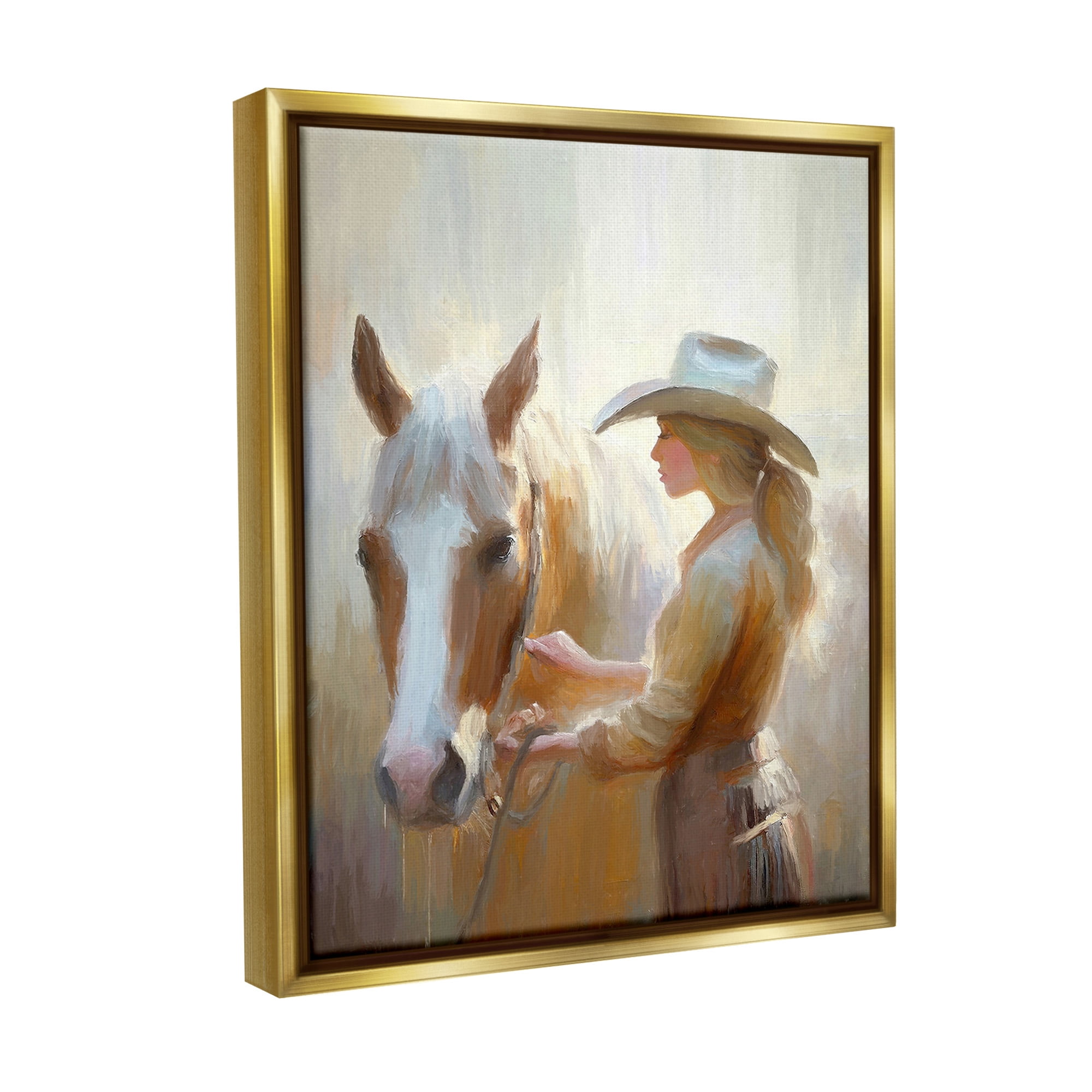 Stupell Industries Sunlit Cowgirl & Horse Animals & Insects Painting Gold Floater Framed Canvas Art Print Wall Art, 17 x 21