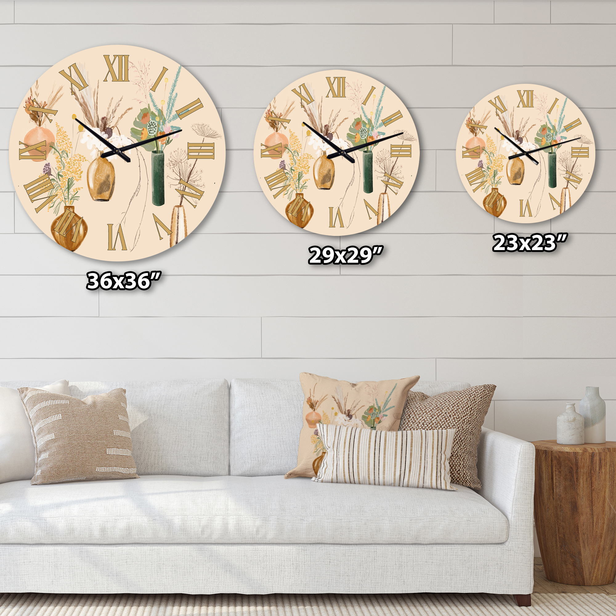 Designart 'Bouquets Of Wildflowers In Gold Vases Iii' Traditional Wall Clock