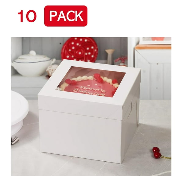 LATA 10 Pack Cakes Boxes with Window 12x12x8, White Cardboard Cake Container