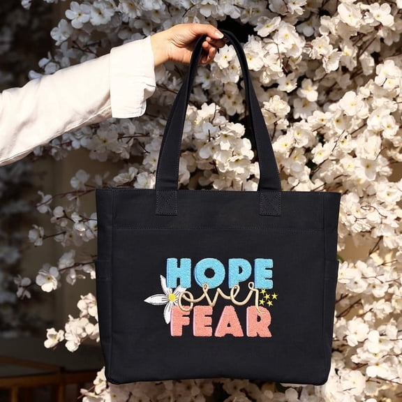 TSANTA Hope Cotton Canvas Tote Bag for Women, Large Embroidered Shoulder Bag with Zipper, Travel Work Everyday Carry Tote (Navy Blue)