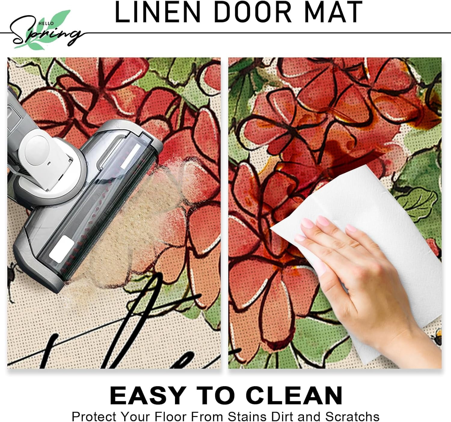 Spring Summer Floral Flower Decorative Front Door Mat, Red Geranium Doormat Indoor Outdoor Non-Slip Floor Entryway Rug, Gather Bee Seasonal Home Kitchen Decoration 17x30 Inch