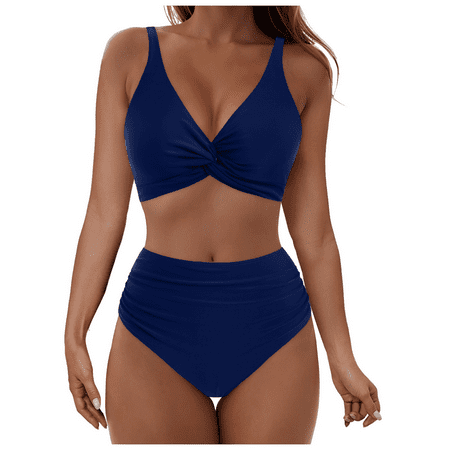 Fulorrnie Women s Adjustable Strap Twist Front Bikini Set High Waisted Two Piece Swimsuit Deep V Neck Swimwear  Dark Blue  XXL