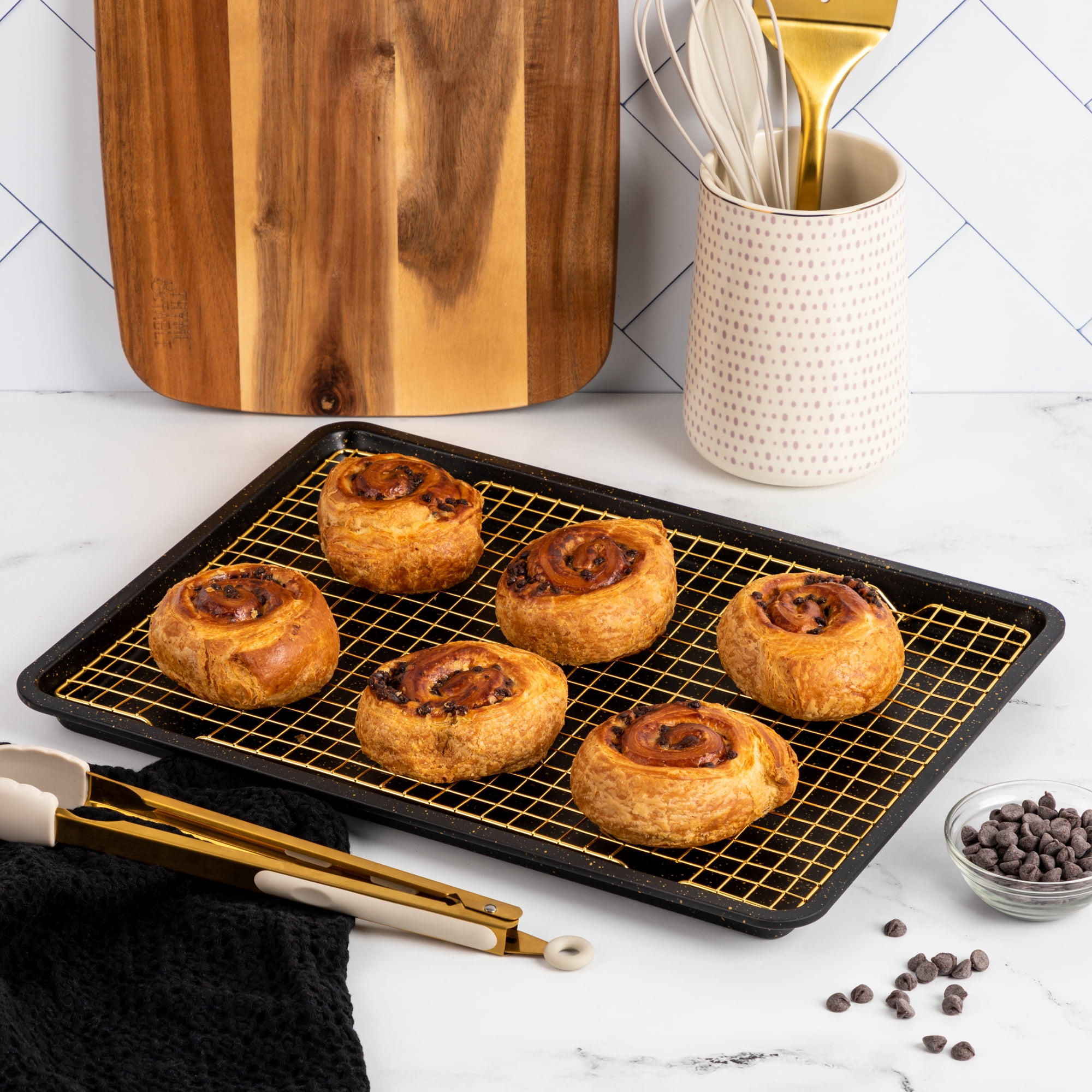 Thyme & Table Nonstick Baking Sheet 12"x17" & Cooling Rack Set - Black & Gold