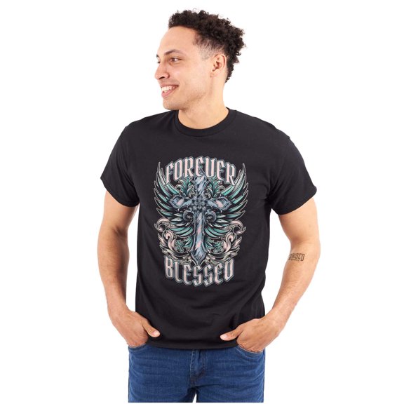 Goth Forever Blessed Cross Wings Men's Graphic T Shirt Tees Brisco Brands S