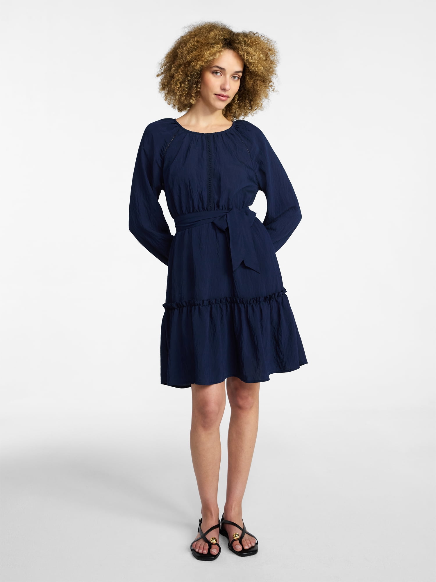 Time and Tru Women's Lace Trimmed Mini Dress with Long Sleeves, Sizes XS – XXXL