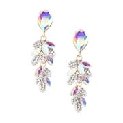 Gold Aurora Borealis Rhinestone Teardrop & Leaf Shaped Dangle Earrings