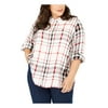 TOMMY HILFIGER Womens White Plaid Cuffed Collared Button Up Top Plus Size: 3X
