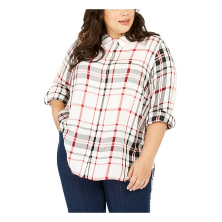 TOMMY HILFIGER Womens Red Plaid Cuffed Collared Button Up Top Plus Size: 2X