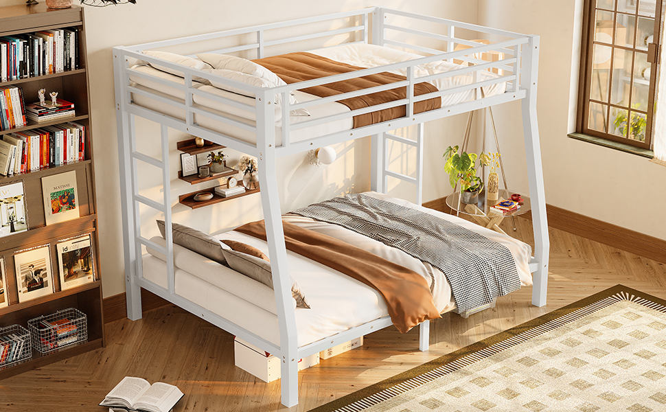 Mintazer Full XL Over Queen Metal Bunk Bed with 2 Side Ladders & Guardrails for Bedrooms Teens Adults, White
