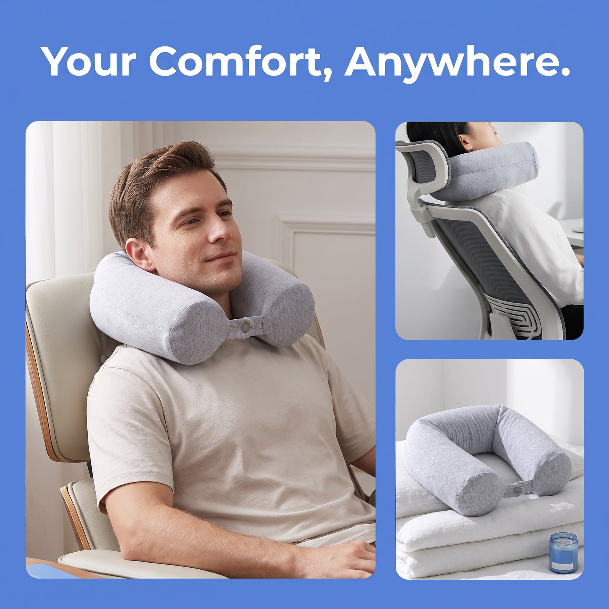 Unique Bargains Memory Foam Neck Pillow U Shape Closure for Airplane Light Gray 25"x4"