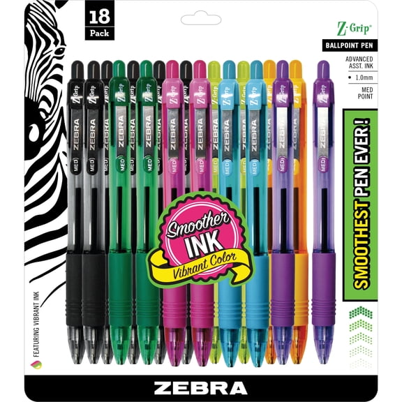 Zebra Z-Grip Retractable Ballpoint Pens, 1.0mm, Fashion Assorted Colors, 18-Pack