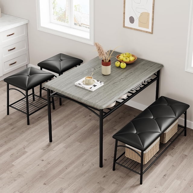 Dining Table Set for 4 with Upholstered Bench, Stools & Storage, Rustic Metal & Wood