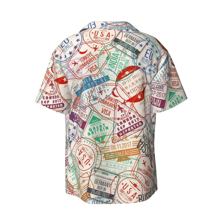 Qekee Passport Stamp Men s Casual Short sleeved Shirt Button up Collared Shirt with Pocket for Beach Vacation Yacht Travel Small Walmart