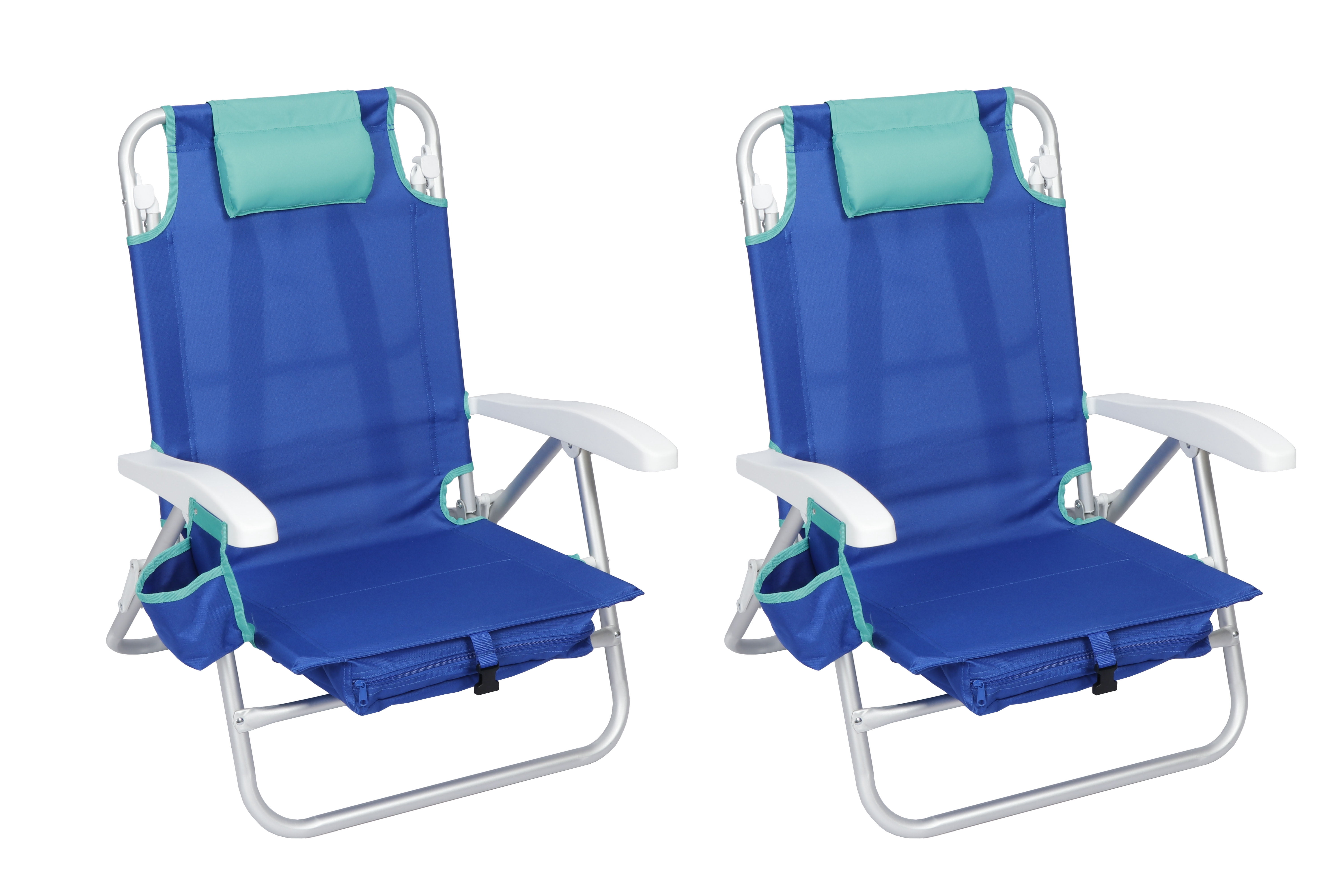 Mainstays Reclining and Lay Flat 2-Pack Beach Chair with Backpack Straps, Blue