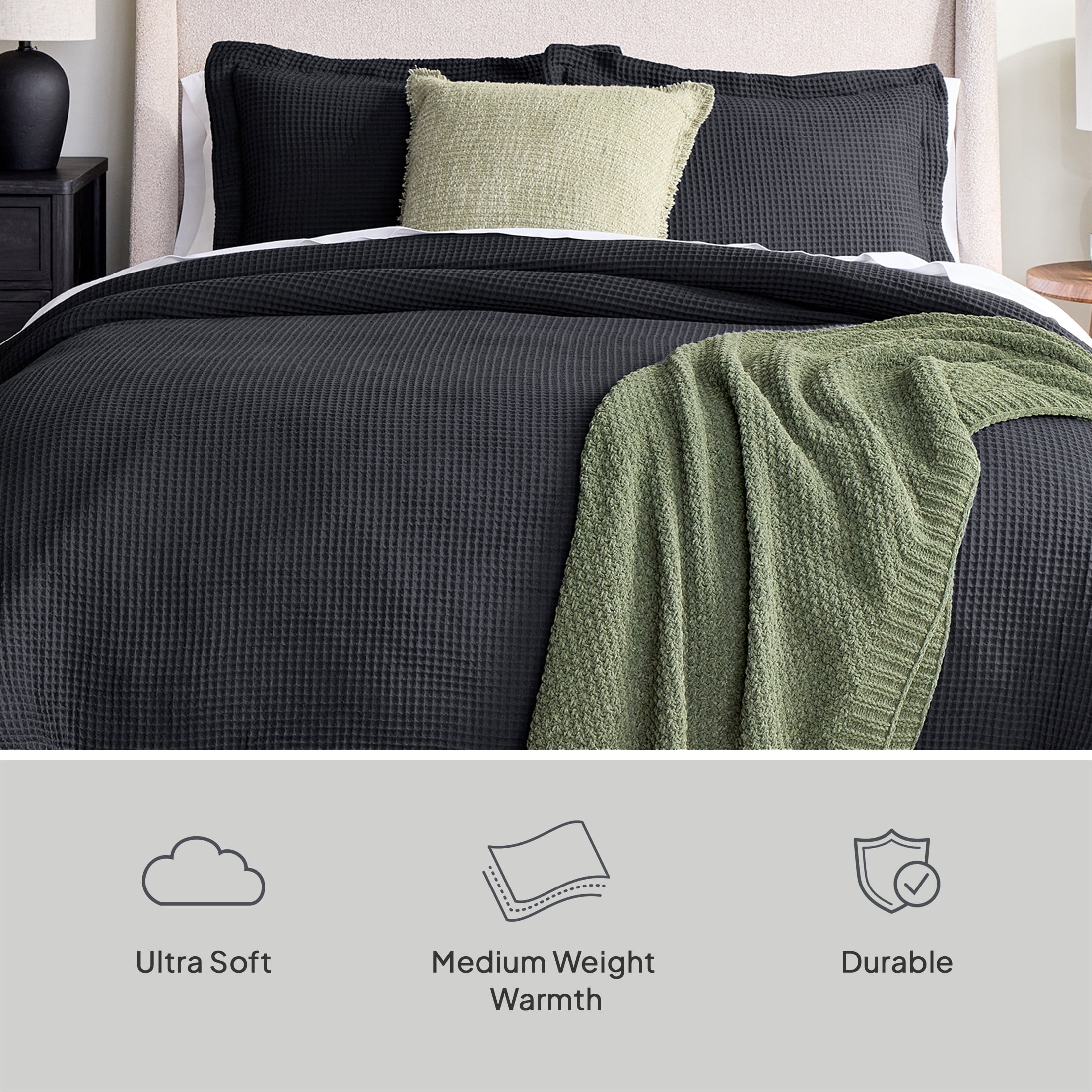 Better Homes & Gardens King Comforter Set, 3-Piece, All-Season, Grey Waffle