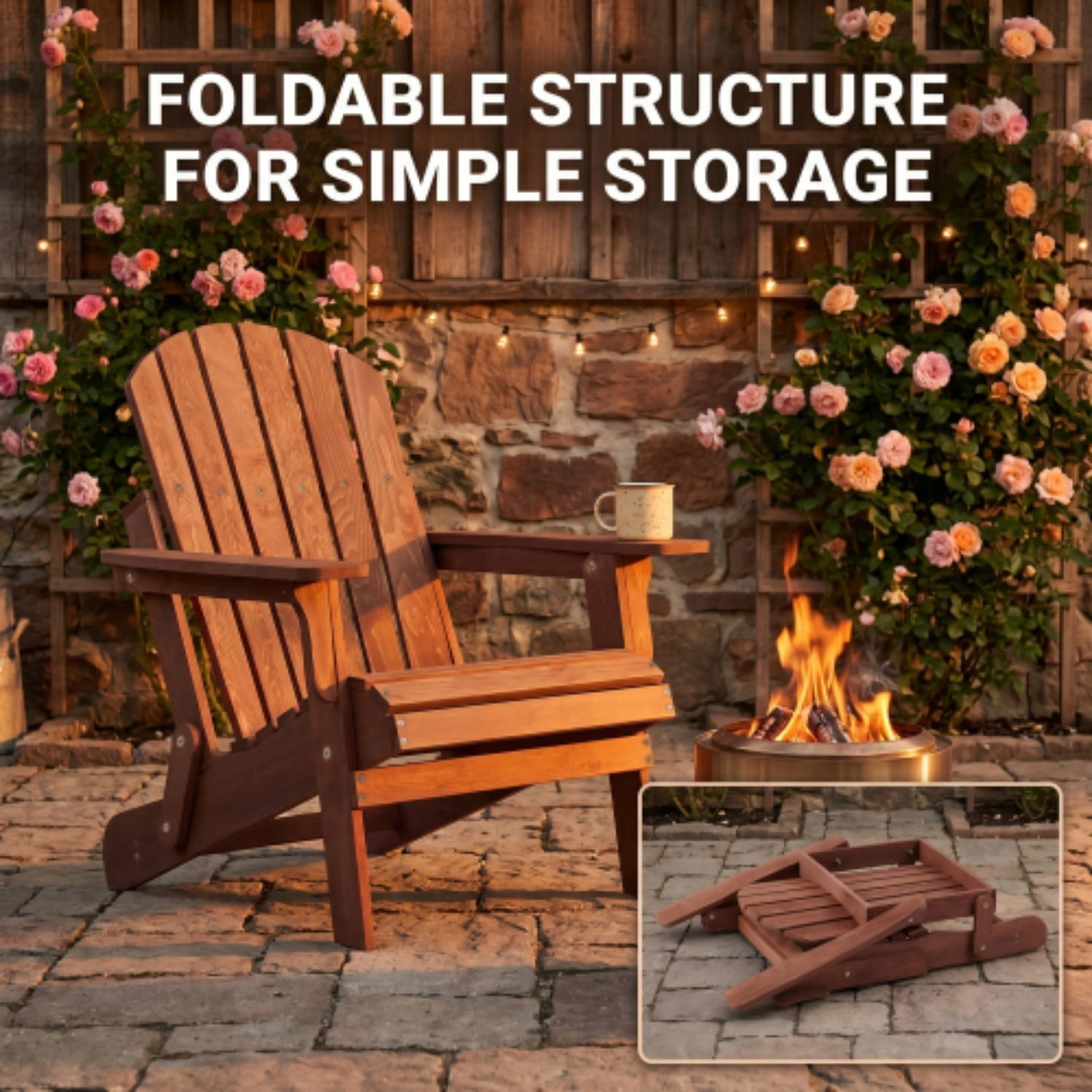 Oversized Adirondack Chair, Wooden Outdoor Folding Patio Chair with Pre-Assembled Backrest & Seat, 330 lb Capacity for Garden, Porch, Pool, Coffee