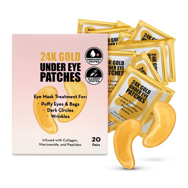 Parches de oro de 24 quilates para el contorno de ojos de Elizabeth Mott: colágeno, niacinamida y péptidos para ojos hinchados, ojeras y arrugas. Mascarilla hidratante e iluminadora para ojos, sin cru