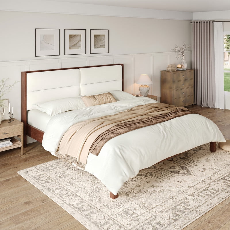 Wooden King Size Platform Bed with Velvet Upholstered Headboard, Low-Profile Bed Frame with Slat Support No Box Spring Needed