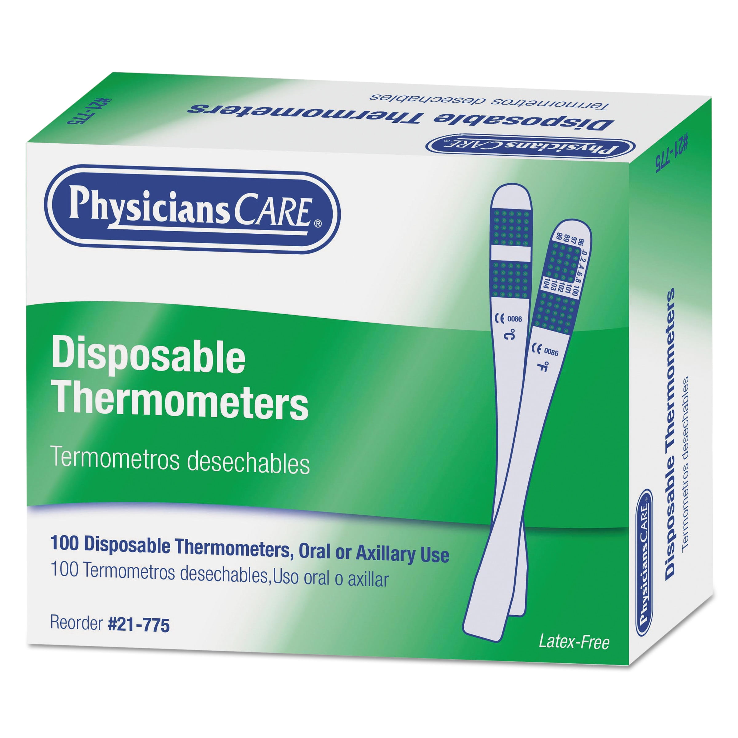 First Aid Only Disposable Thermometer, DotMatrix PhaseChange, 100/Box