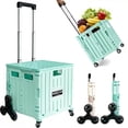 thumbnail image 2 of Folding Shopping Cart with Collapsible Plastic Crate, Rolling Utility Cart for Grocery, Mint, 2 of 11