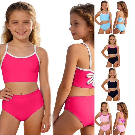 ZXLBBD Girls Swimsuit 2 Piece Spaghetti Straps Back Hollow Floral Design Cute Tankini Top and Bikini Bottom for Toddler Youth Casual Beach Outdoor,Hot Pink1,13 Y-14 Y