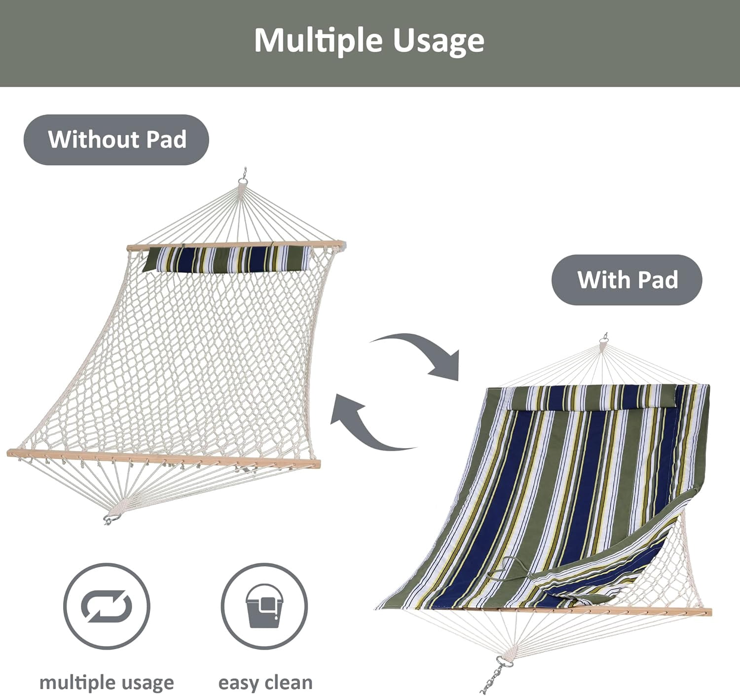 SUNCREAT Hammocks Outdoor Double Hammock with Hardwood Spreader Bar, Cotton Rope Hammock with Polyester Pad (Blue&Aqua)