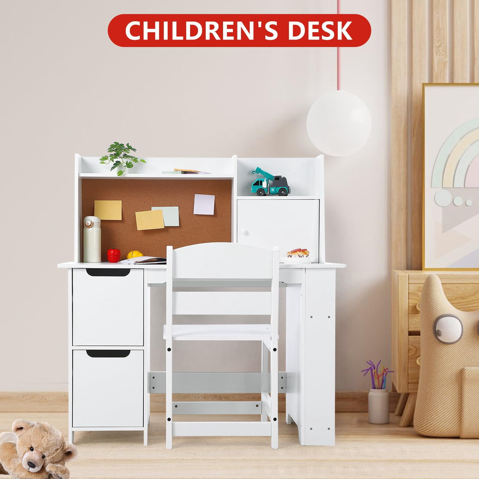 TROPOW Kids Study Desk and Chair Set with Storage - White Learning Table with Bookshelf and Cabinets for Boys and Girls Ages 3-8