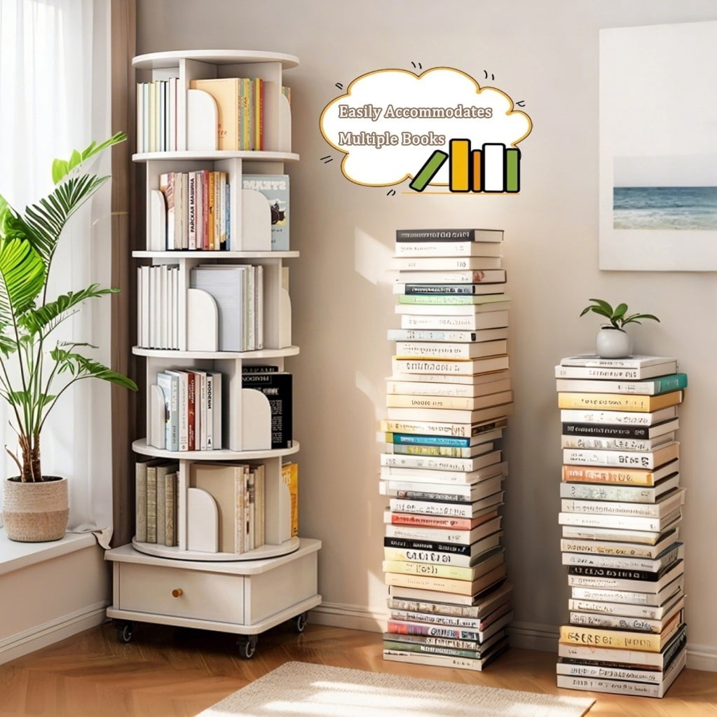 6-Tier Rotating Bookshelf with Wheels, 360° Spinning Bookcase Tower with Drawer & Wraparound Baffles, Space-Saving Storage Shelf, White