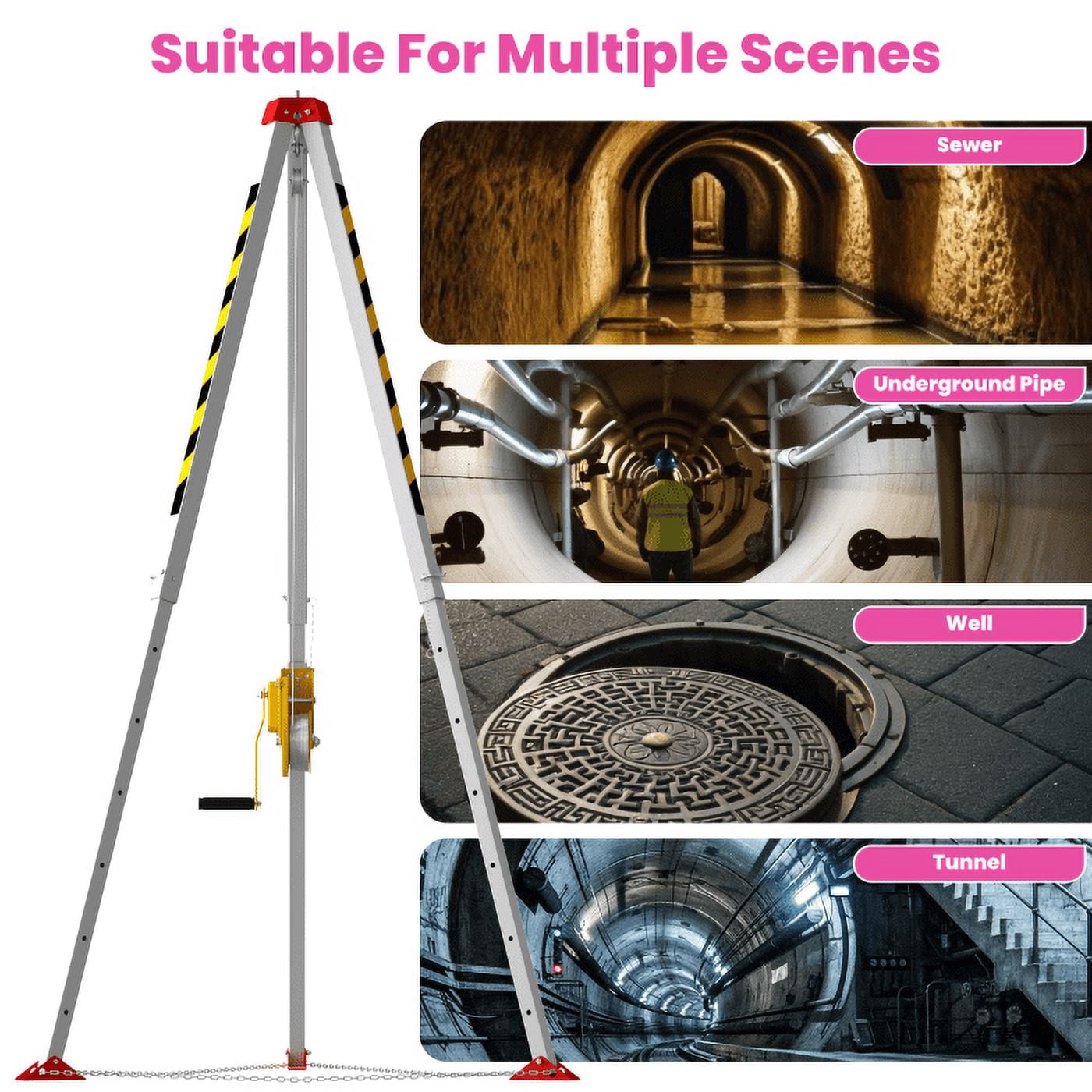 2600LBS Manhole Tripod, 33kg Portable, Quick Adjustment, Complete Kit, Tripod for Confined Spaces, Confined Space Tripod Kit, Shaft, Pipe, Industrial Environments