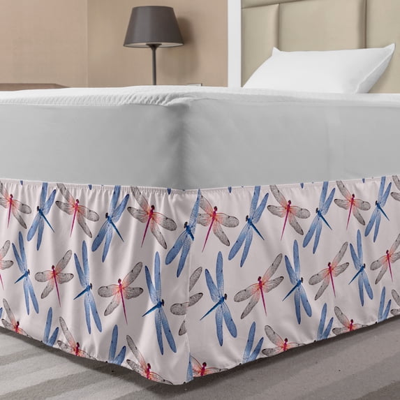 Dragonfly Bed Skirt, Dragonfly Forms High Detailed Ornate Irregular Macro Retro Simplistic Print, Elastic Bedskirt Dust Ruffle Wrap Around for Bedding Decor, 4 Sizes, Pink Blue, by Ambesonne