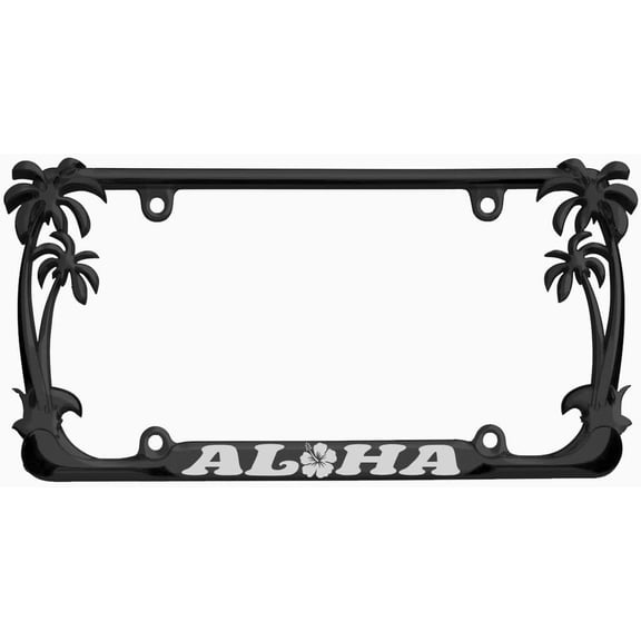 Aloha Hawaii Hibiscus Floral Flowers Design Palm Tree Heavy Duty Metal License Plate Frame Auto License Plate Frame/Car Accessories (Black/Silver)