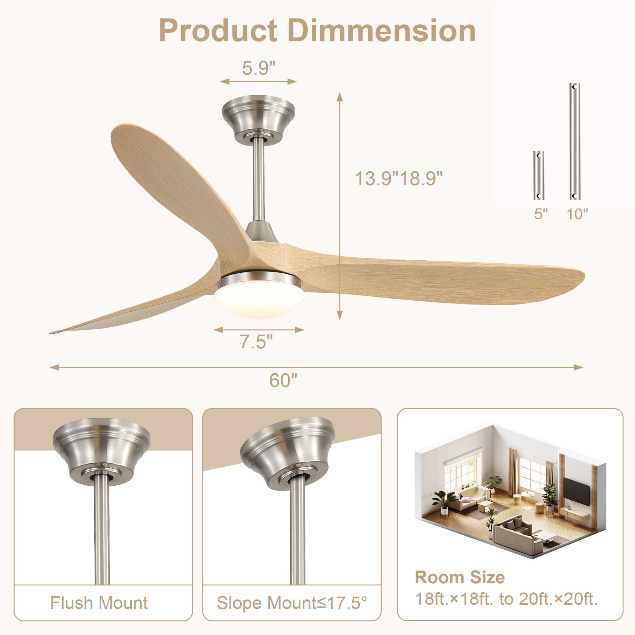 Sofucor 60 Inch Ceiling Fans with Light Compatible with Alexa/Google/App 3 Blades Reversible DC Motor Timer for Kitchen Bedroom Living Room Dining Room Farmhouse (burlywood)