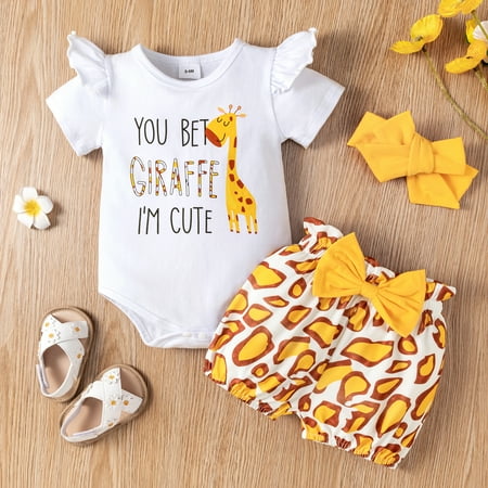 

PatPat 3pcs Baby Girl Letter Print Yellow Pink Ruffle Short Sleeve Romper Giraffe Pattern Shorts with Headband Set 0-18month