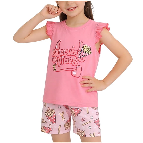 Cethrio Girls Summer Outfit Sets, Printed Short Sleeve Knitting Cotton 2 Piece Kids' Clothing Sets Watermelon Red Size 6