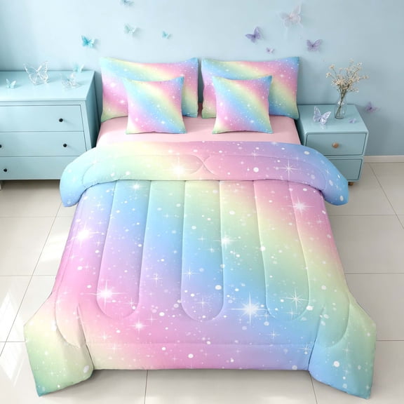 Homewish Ombre Blings Print Twin Bedding for Girls, Cute Rainbow Bedding Comforter Set, Pink Reversible, 7pcs