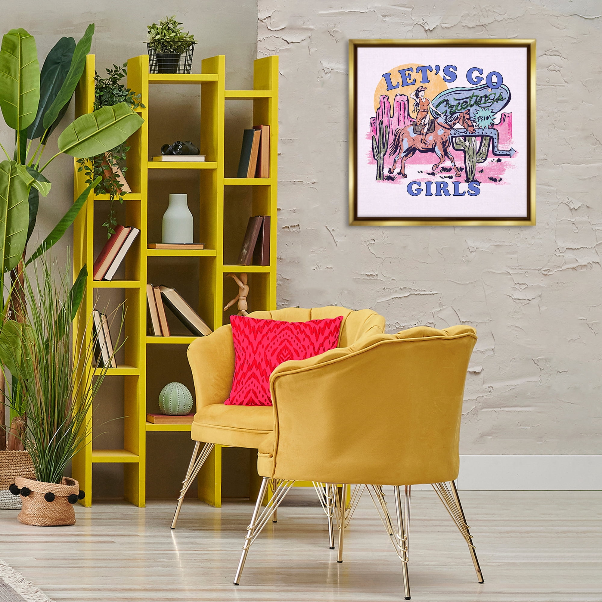 Stupell Industries Western Let's Go Girls Entertainment Painting Gold Floater Framed Canvas Art Print Wall Art, 25 x 25