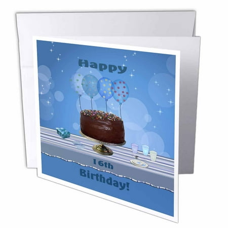 3dRose 16th Birthday Party with Chocolate Cake and Blue Balloons, Greeting Cards, 6 x 6 inches, set of 12