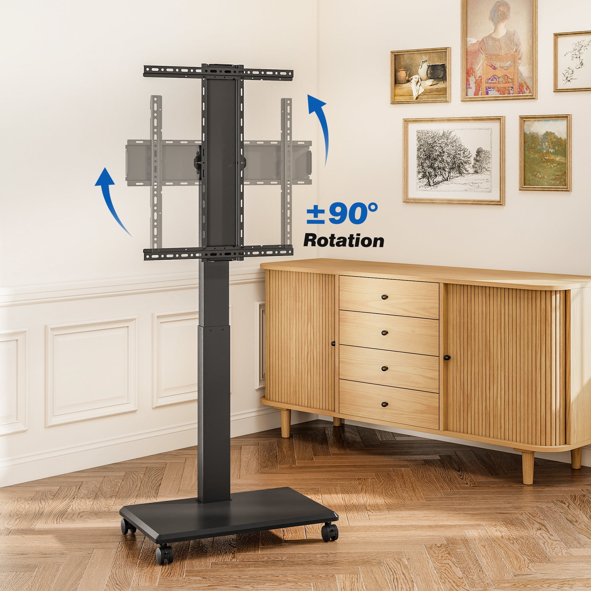 RTVR Mobile TV Cart Stand with Hand Crank Lift for 42-75 inch Screens, ±90° Rotation and ±5° Tilt Height Adjustable Swivel TV Stand with Wheels, Black