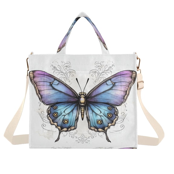 Corduroy Tote Bag for Women Shoulder Handbags Fashion Ladies Purses Satchel Messenger Bags Blue Butterfly S