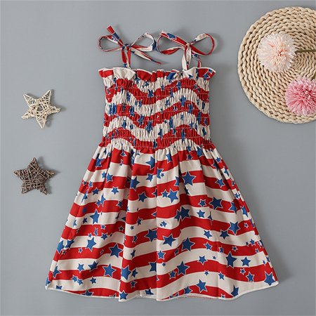 

pop seller Independence Day Cute Dress For Girls Adjustable Tie Shoulder Dress Smocked Strapless Girl Dress