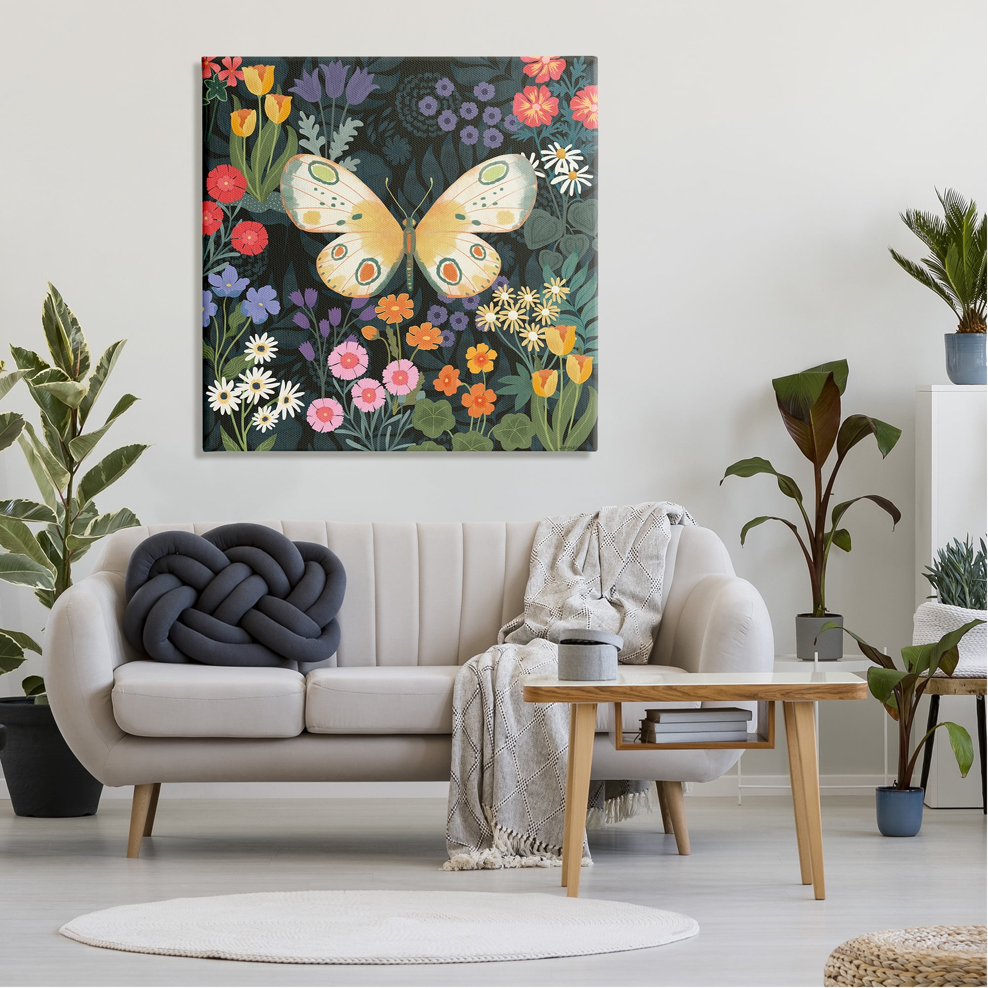 Stupell Industries Garden Pattern & Butterfly Botanical & Floral Painting Gallery Wrapped Canvas Art Print Wall Art, 36 x 36