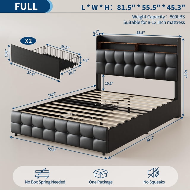 Kojooin Bed Frame with Headboard and 2 Storage Drawers, Upholstered Bed with LED Light and Charging Socket