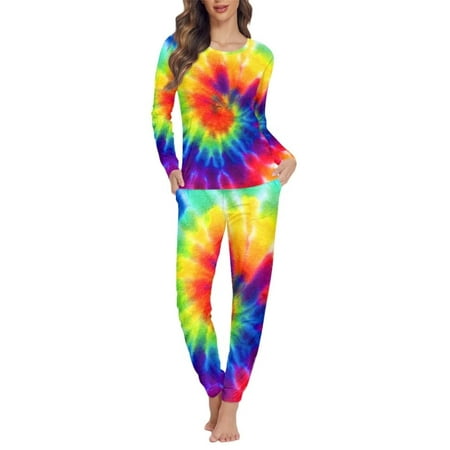

Renewold 2 Pack Sleepwear for Women Rainbow Tie Dye O-Neck Pjs Nightgown Pajama Set Comfortable Relaxed Life Loungewear Long Pants with Big Pockets Size S